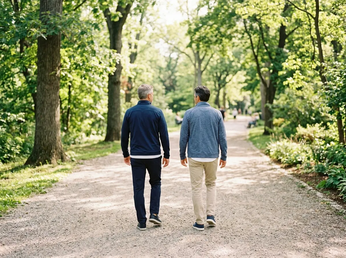 Two men walking in a park - food supplement for active men over 50